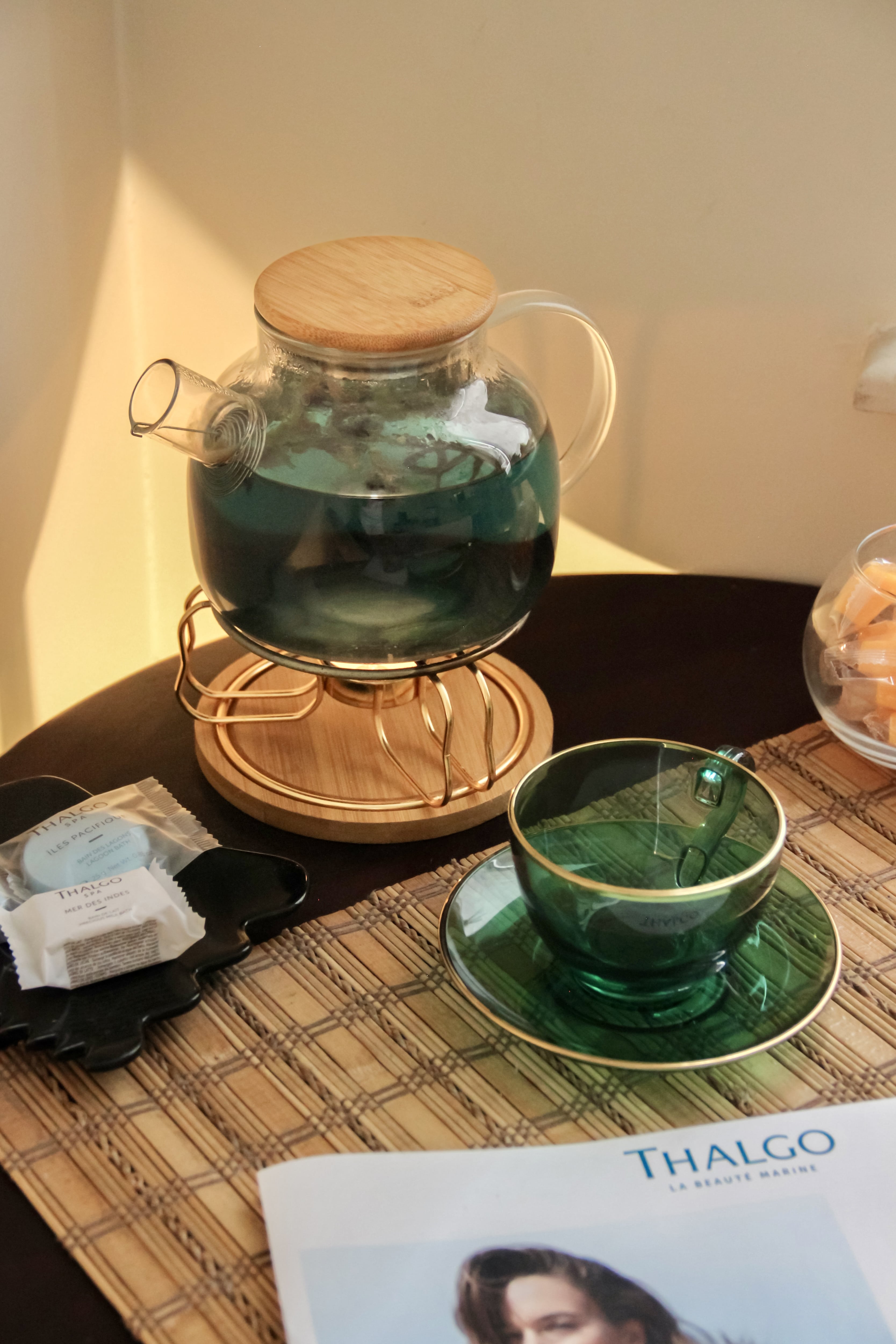Relaxing tea setup for massage therapy